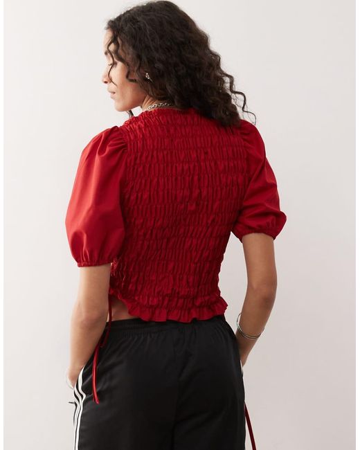 Collusion Red Shir Top With Lace Up Detail At Side