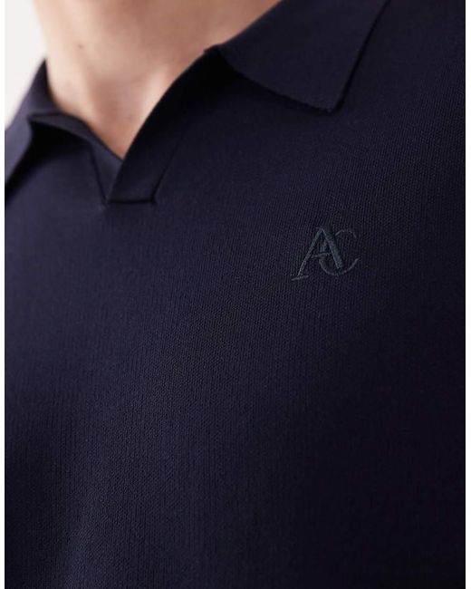 ASOS COLLECTIVE Blue Compact Knitted Relaxed Notch Neck Polo for men
