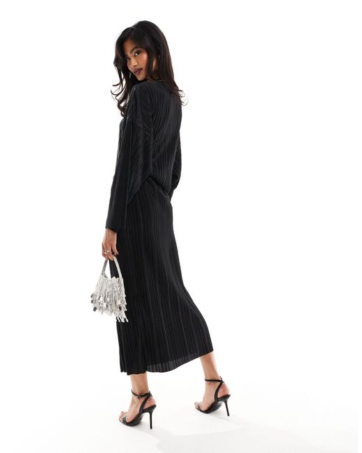 ASOS Black Long Sleeve Plisse Midi Dress