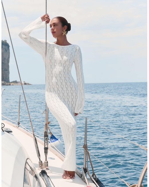 4th and reckless beach dress 4th & Reckless X Luana Barron Oceane Long Sleeve Sheer Knit Maxi Beach Dress  in Blue