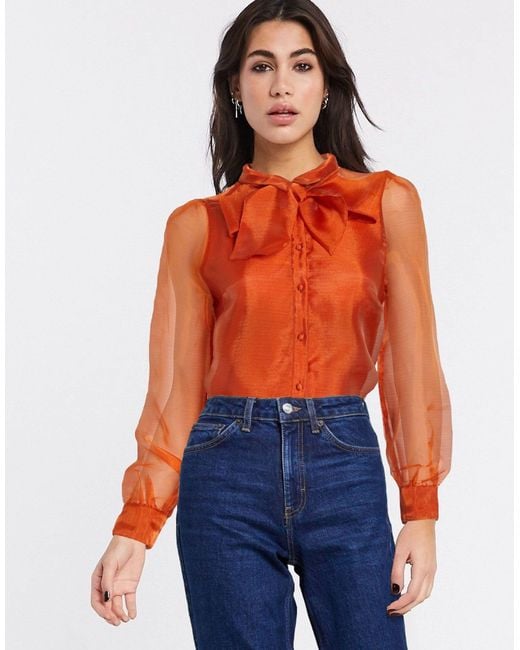 Vero Moda Orange – Organza-Bluse mit Schleife