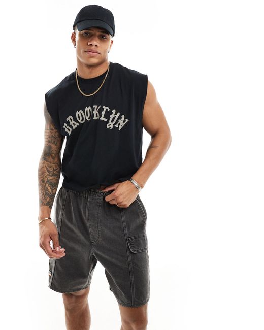 ASOS Black Oversized Cropped Tank Top With Chest Brooklyn Print for men