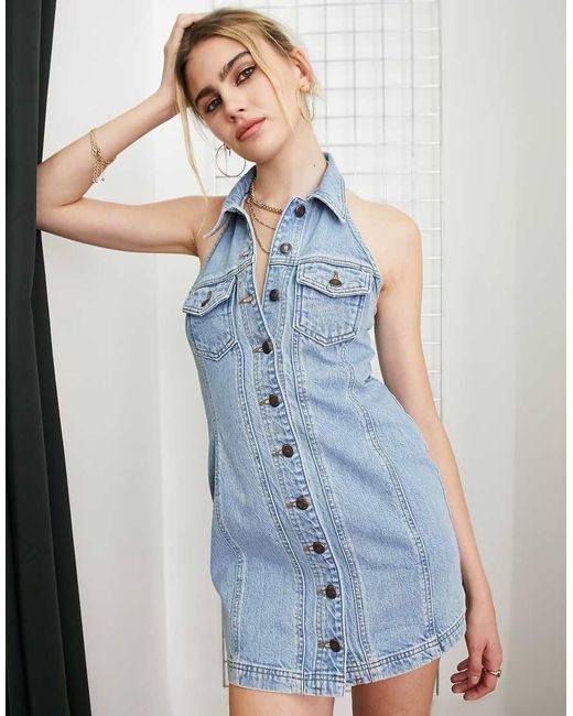 TOPSHOP Blue Y2k Halter Button Up Collar Denim Dress
