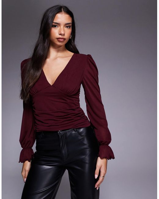 ASOS Purple Semi Sheer Long Sleeve V-Neck Top