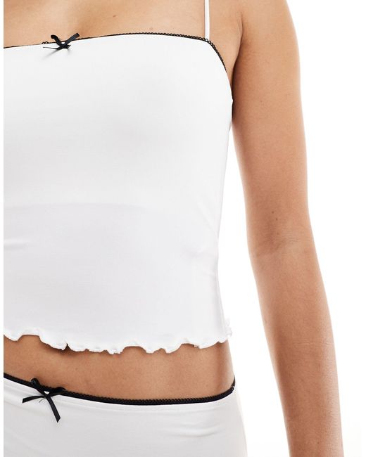 Bershka White Contrast Trim Bow Detail Strappy Top Co-ord