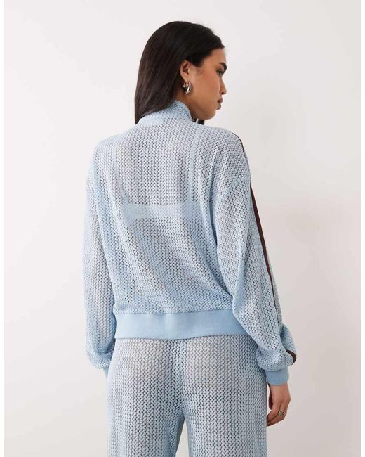 Kaiia Blue Exclusive Crochet Zip Through Contrast Stripe Track Jacket Co-ord