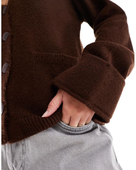 ASOS Brown Fluffy Knitted Cardigan With Turn Up Cuff