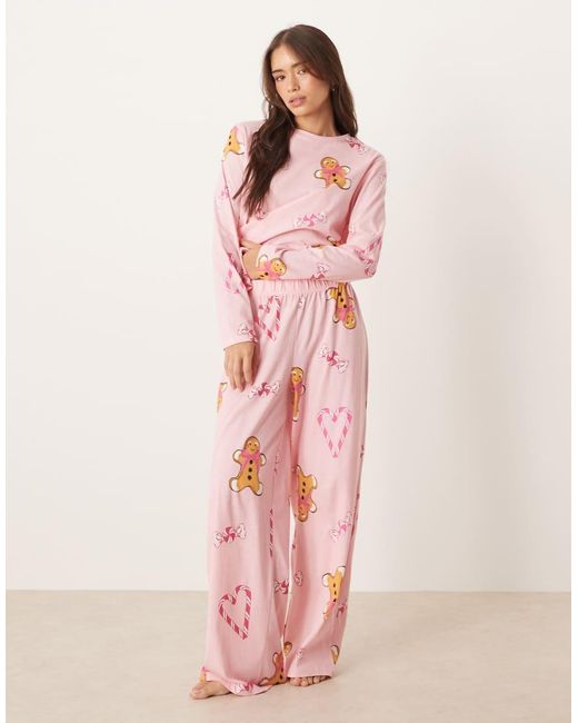 ASOS Pink Gingerbread & Candy Cane Long Sleeve Top & Trouser Pyjama Set
