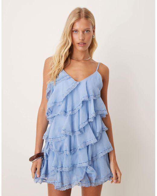 Miss Selfridge Blue Tiered Chiffon Mini Dress With Lace Detail