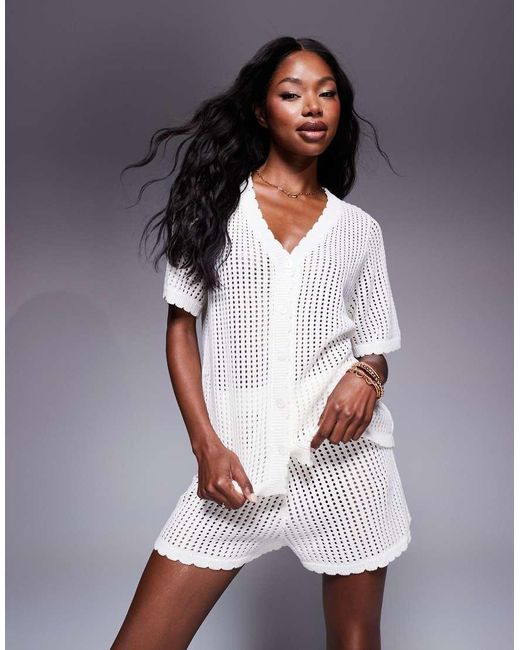 Princess Polly Gray Crochet Scallop Trim Button Front Shirt And Shorts Full Set