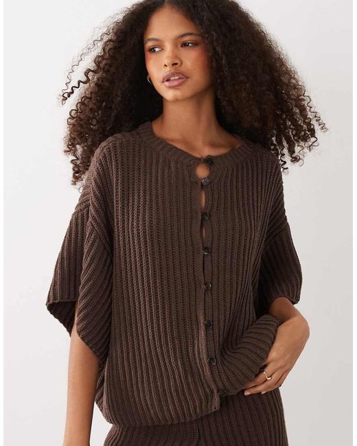 SNDY'S Brown Cotton Rich Knitted Reversible Cropped Dropped Shoulder Cardigan Co-Ord