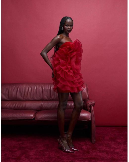 ASOS Red Bandeau Velvet 3d Floral Ruffle Bodice Mini Dress