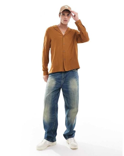 ASOS Brown Relaxed Deep Revere Viscose Shirt for men