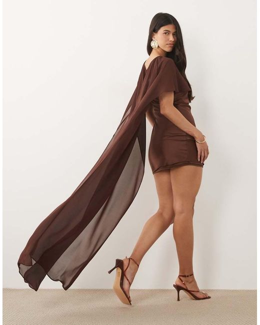 TFNC London Brown Satin Mini Dress With Mesh Cape And Skirt