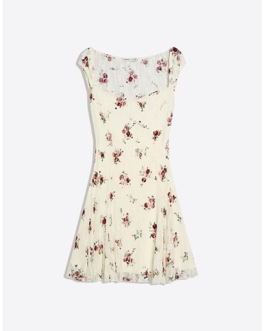 Bershka Natural Mini Lace Print Dress