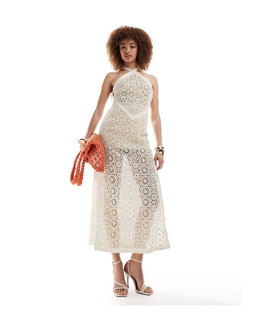 Amy Lynn White Crochet Halter Midaxi Dress With Cut Out Back Detail