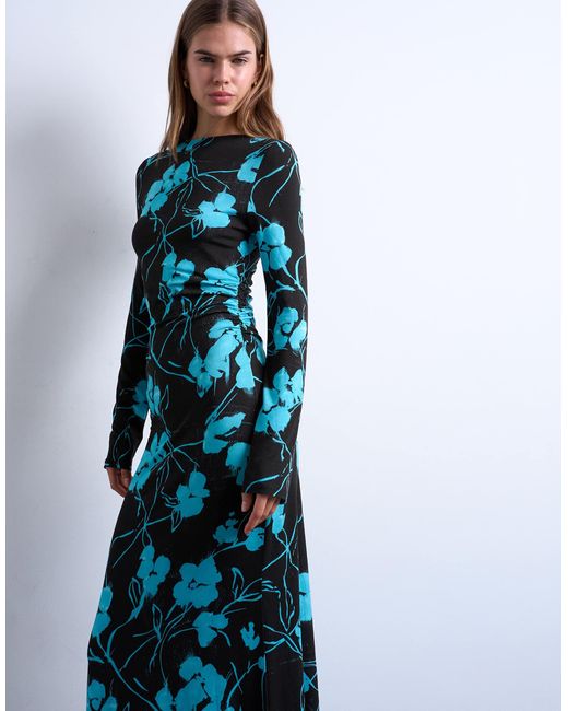 TOPSHOP Blue Floral Print Slash Neck Long Sleeve Maxi Dress