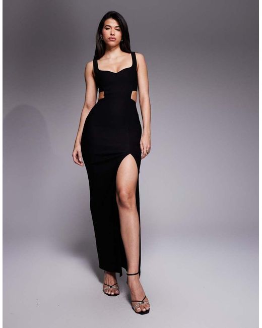 Vesper Blue Square Neck Maxi Dress With Cut Outs And Thigh Split