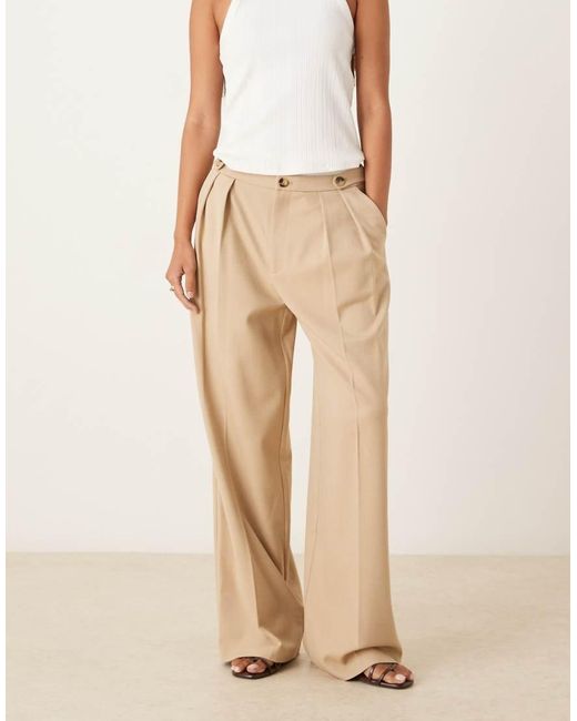 ASOS Natural Tailored Wide Leg Trousers With Tab Detail Trousers