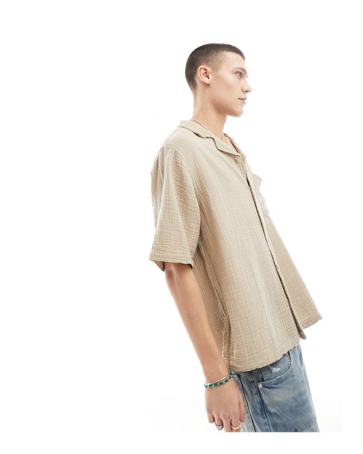 Collusion Blue Textured Oversized Revere Short Sleeve Shirt With Raw Seam Detail for men