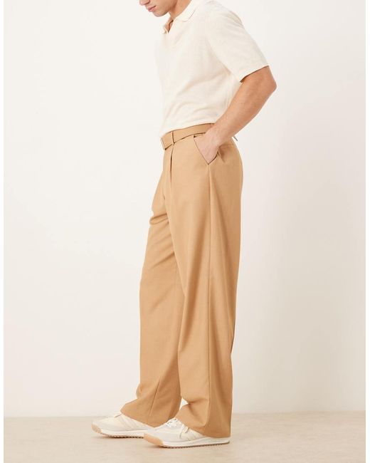 ASOS Natural Smart Wide Leg Belted Trousers With Front Pleat for men