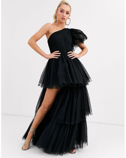 LACE & BEADS Black One Shoulder Tulle Maxi Dtess With Thigh Split