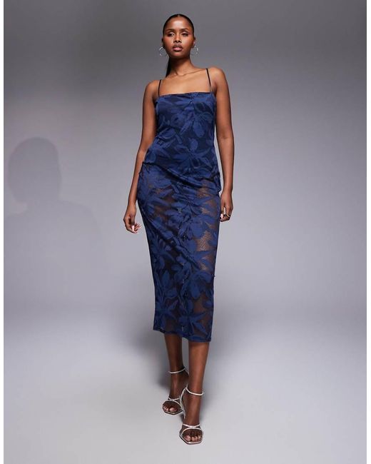 AFRM Blue Marsaille Crochet Floral Lace Spaghetti Strap Midi Dress