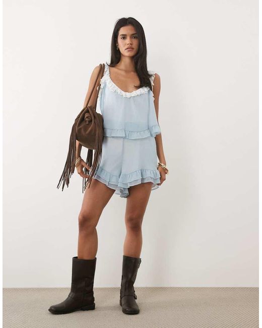Miss Selfridge Blue Lace Trim Playsuit