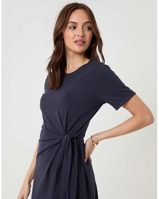 Threadbare Blue Tie Front Side Split Cotton Jersey Midi Dress