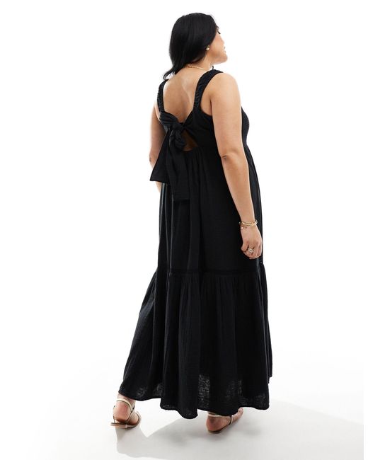 ASOS Black Asos Design Curve Double Cloth Shirred Button Through Tie Back Maxi Dress