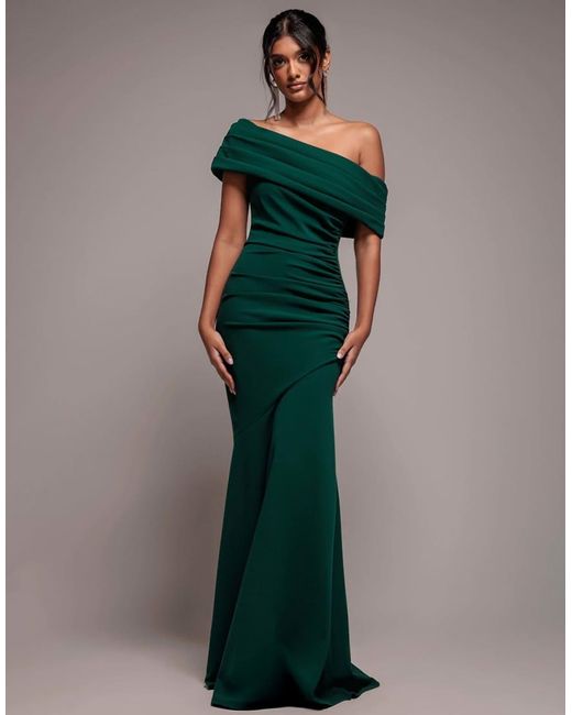 Goddiva Green Pleated One Shoulder Bardot Fit And Flare Maxi Dress