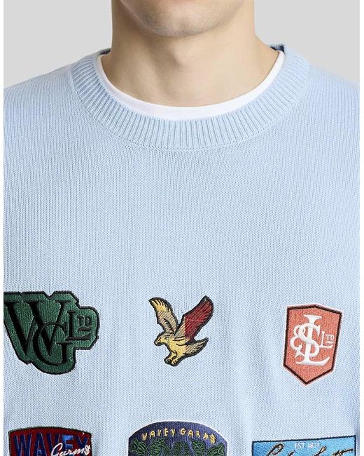 Lyle & Scott Blue Mid Knits Cotton Linen Embroidered Jumper for men