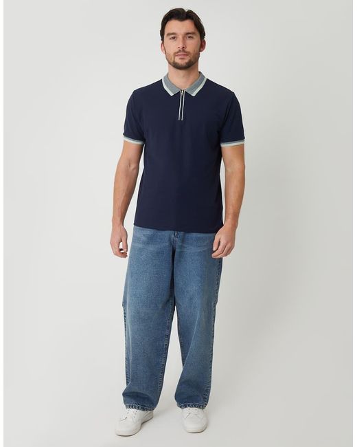 Threadbare Blue Cotton Tipping Collar Quarter Zip Pique Polo Shirt for men