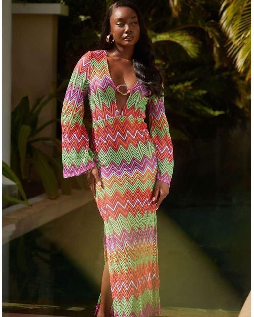 South Beach Green Zigzag Crochet Maxi Beach Dress With Ring Detail