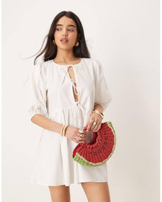 Gina Tricot Natural Mini Dress With Tie Front Bodice And Puff Sleeves