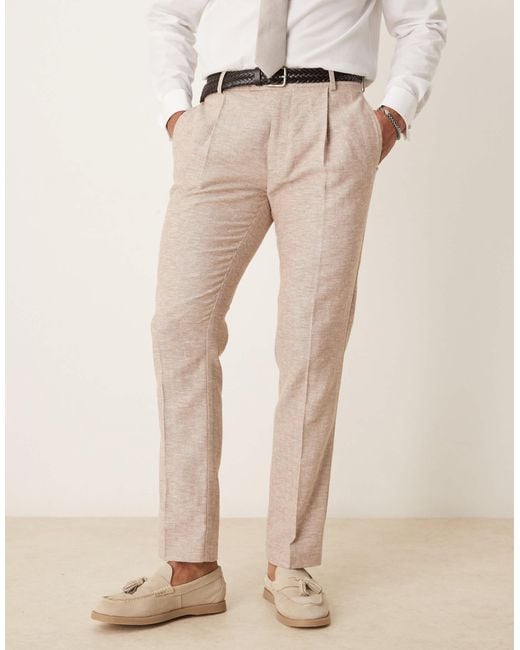 ASOS Natural Linen Cotton Blend Slim Suit Trousers for men