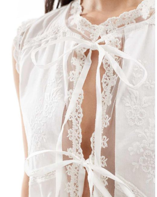 ASOS White Lace And Embroidery Detail Tie Front Top