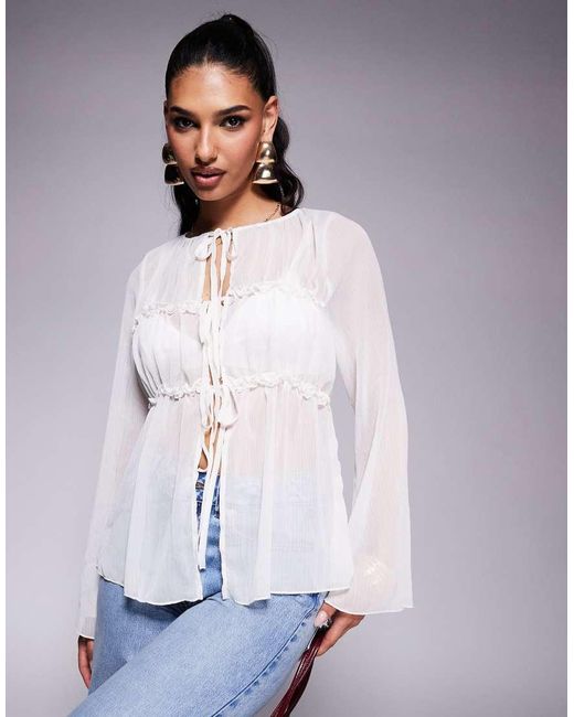 ASOS Top Van Chiffon Met Gesmokt Strikdetail in het White