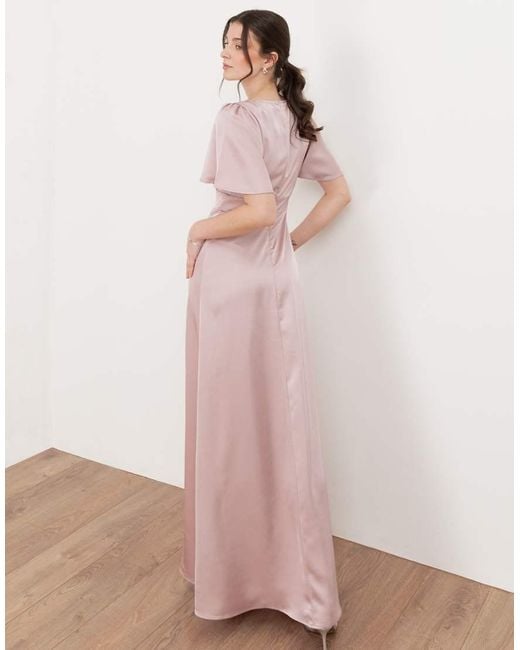 Maya Pink V Neck Angel Sleeve Satin Maxi Dress