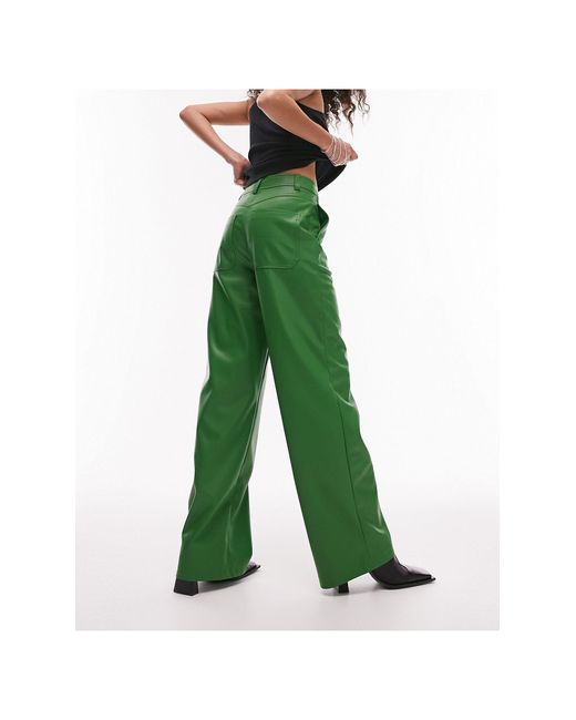 TOPSHOP Green Faux Leather Wide Leg Trouser