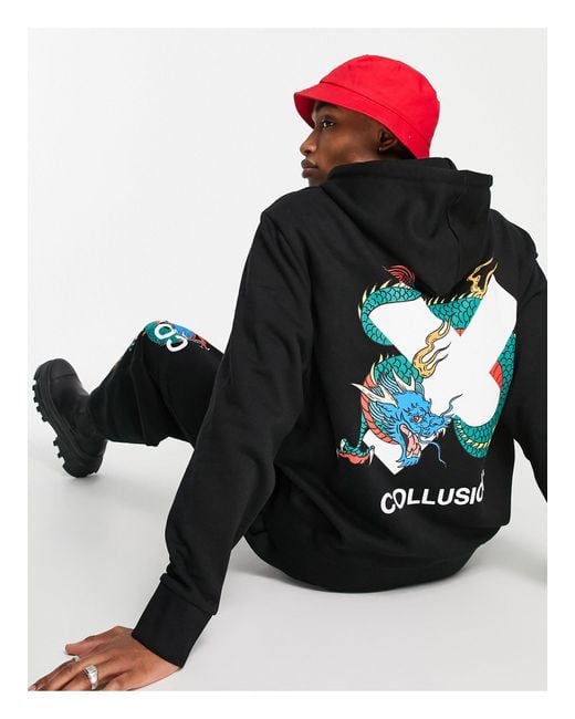 Collusion Black Hoodie With Logo X Dragon Print for men