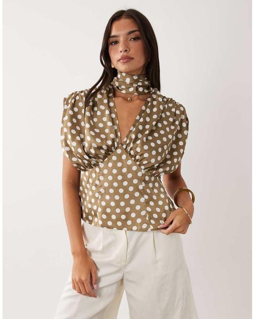 ASOS Brown Satin Scarf And Volume Detail Blouse
