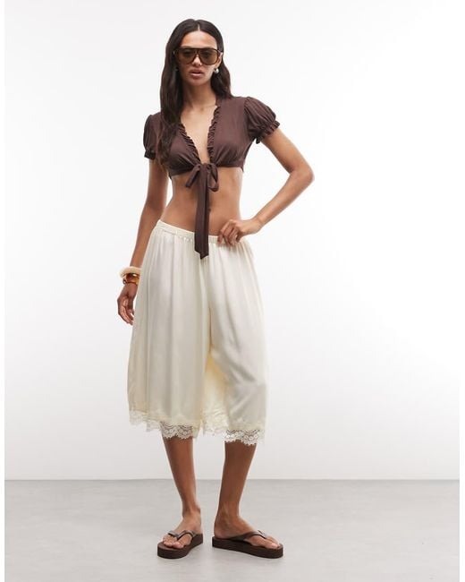 Reclaimed Vintage White Longline Satin Shorts With Lace Trim