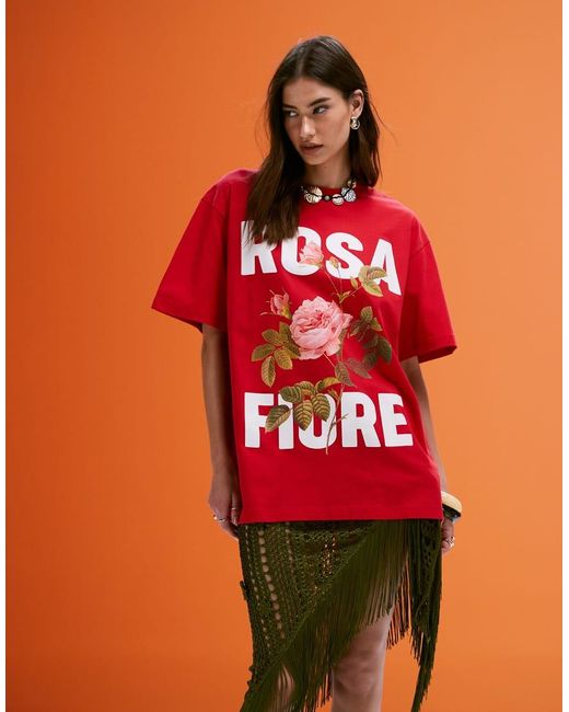 ASOS Red Oversized T-shirt With Rosa Fiore Graphic
