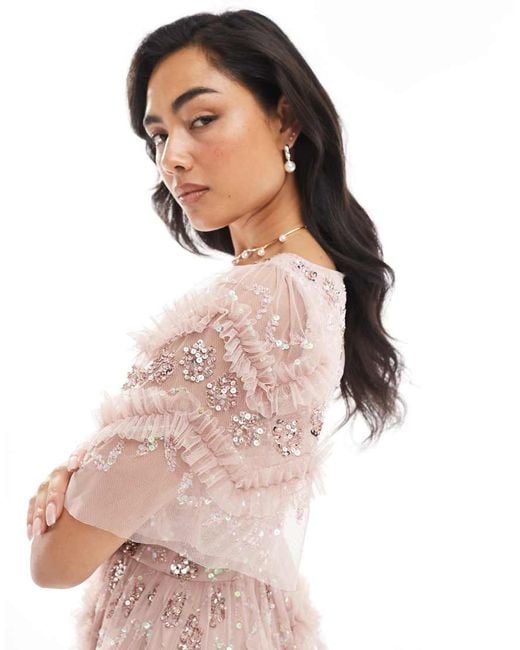 Maya Pink Fully Embellished Short Sleeve V Neck Ruffle Maxi Dress