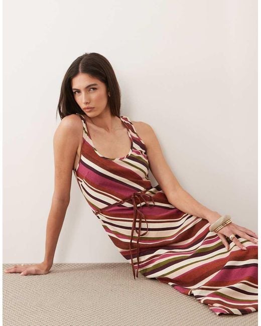 Nobody's Child Red Linen Blend Scoop Neck Sleeveless Tie Waist Midi Dress