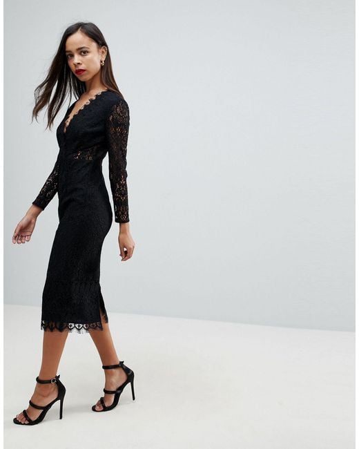 lace long sleeve midi pencil dress