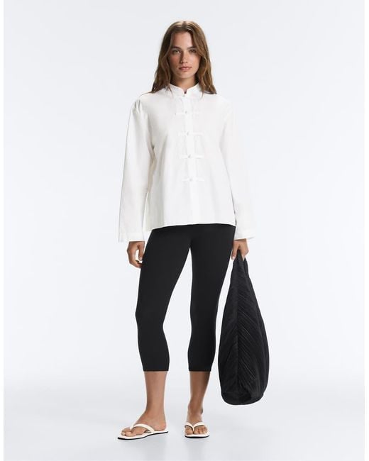 Oysho White 100% Cotton Button-up Stand-up Collar Shirt