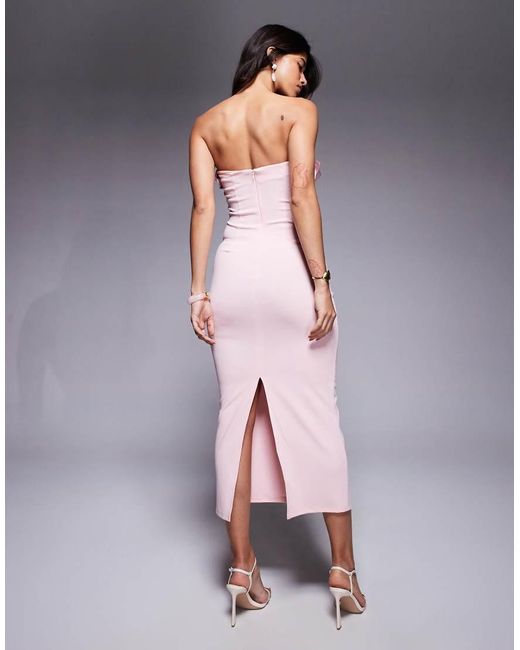 ASOS Pink Scuba Bandeau Midi Dress With Pleated Satin Bust Cups