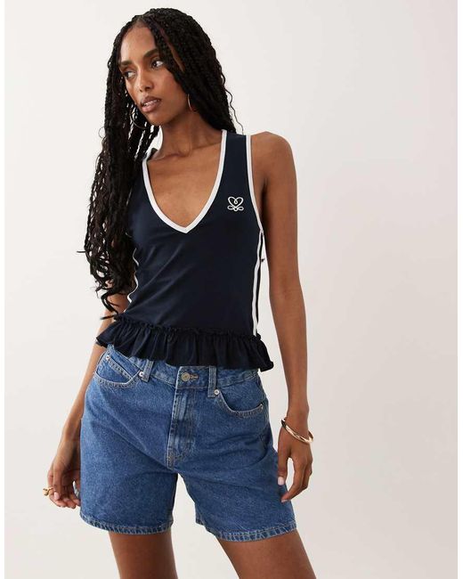 Miss Selfridge Blue V-neck Varsity Tank With Frill Hem